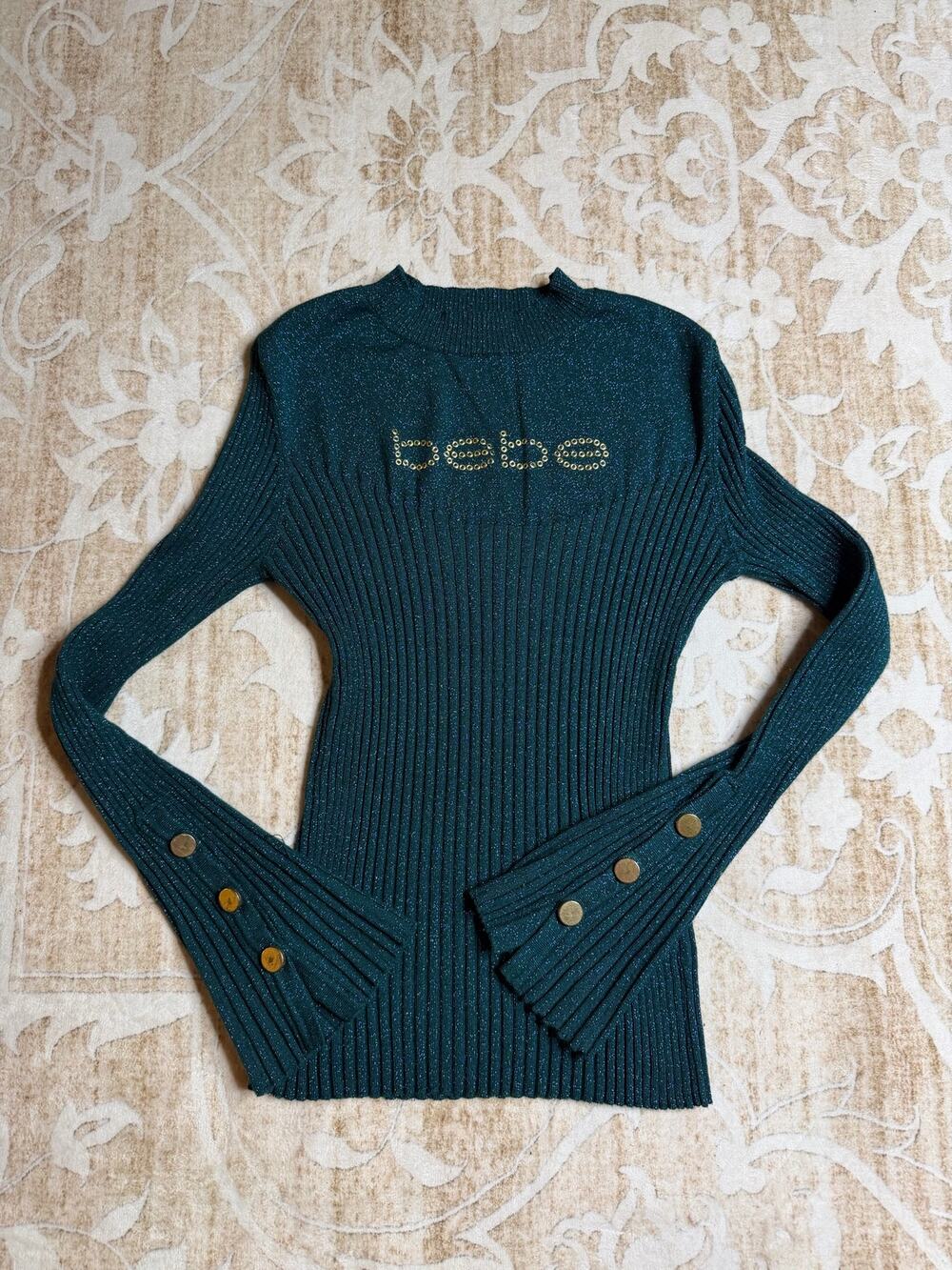 Vintage Bebe Emerald Green Ribbed Sparkle Knit Sweater with Rhinestones